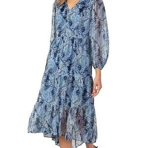 Taylor Blue Paisley V-Neck Long Sleeve Tiered Midi Dress